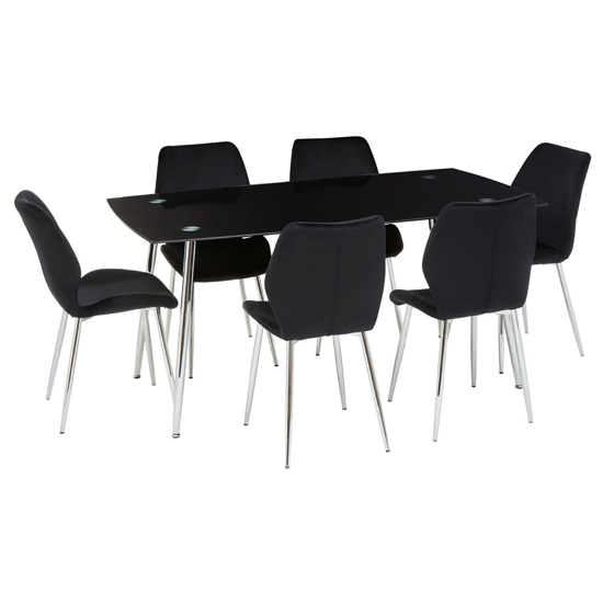 Wims Rectangular Black Glass Dining Table With 6 Velvet Chairs_1