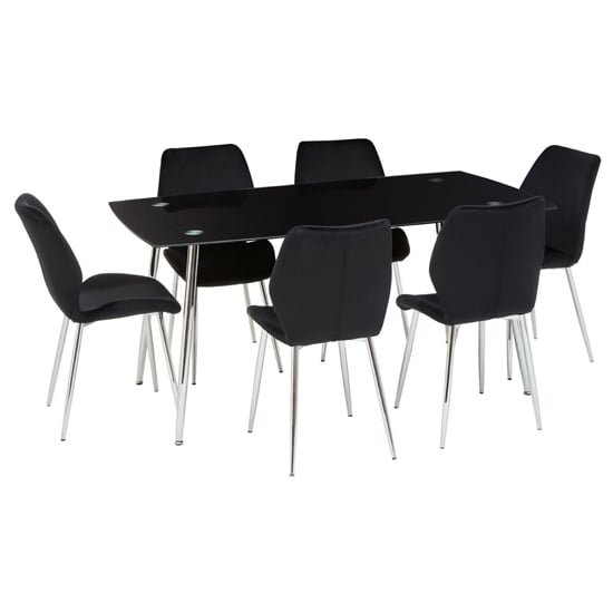 Read more about Wims rectangular black glass dining table with 6 velvet chairs