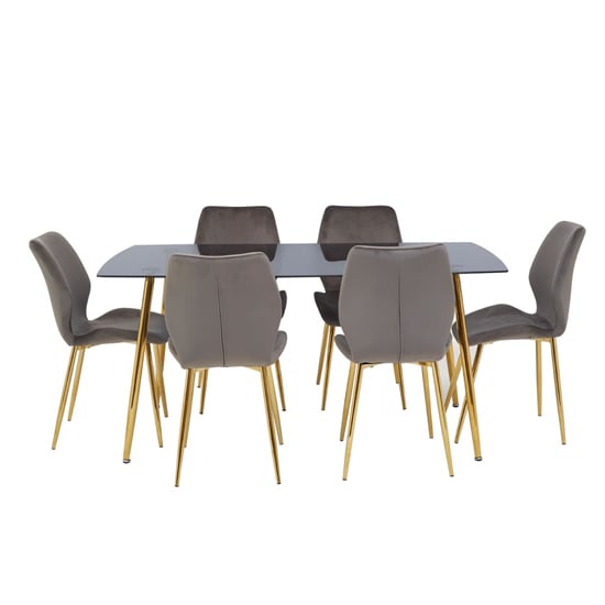 Wims Rectangular Grey Glass Dining Table With 6 Velvet Chairs