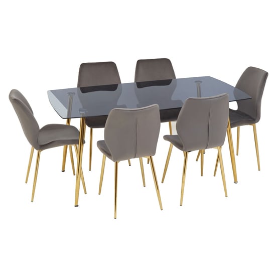 Wims Rectangular Grey Glass Dining Table With 6 Velvet Chairs_1