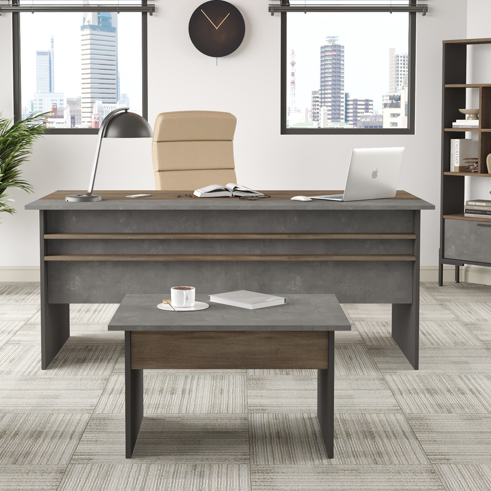 Windsor Wooden Computer Desk with Nesting Table Set in Brown Grey and Anthracite