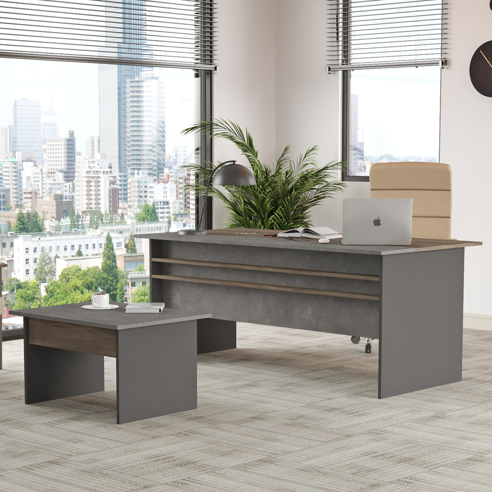 Windsor Wooden Computer Desk with Nesting Table Set in Brown Grey and Anthracite