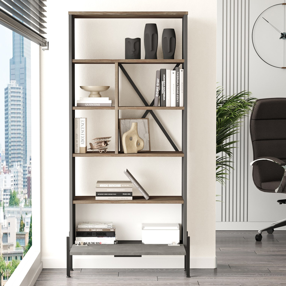Windsor Wooden Executive Office Furniture Set with Bookcase in Brown Silver and Anthracite