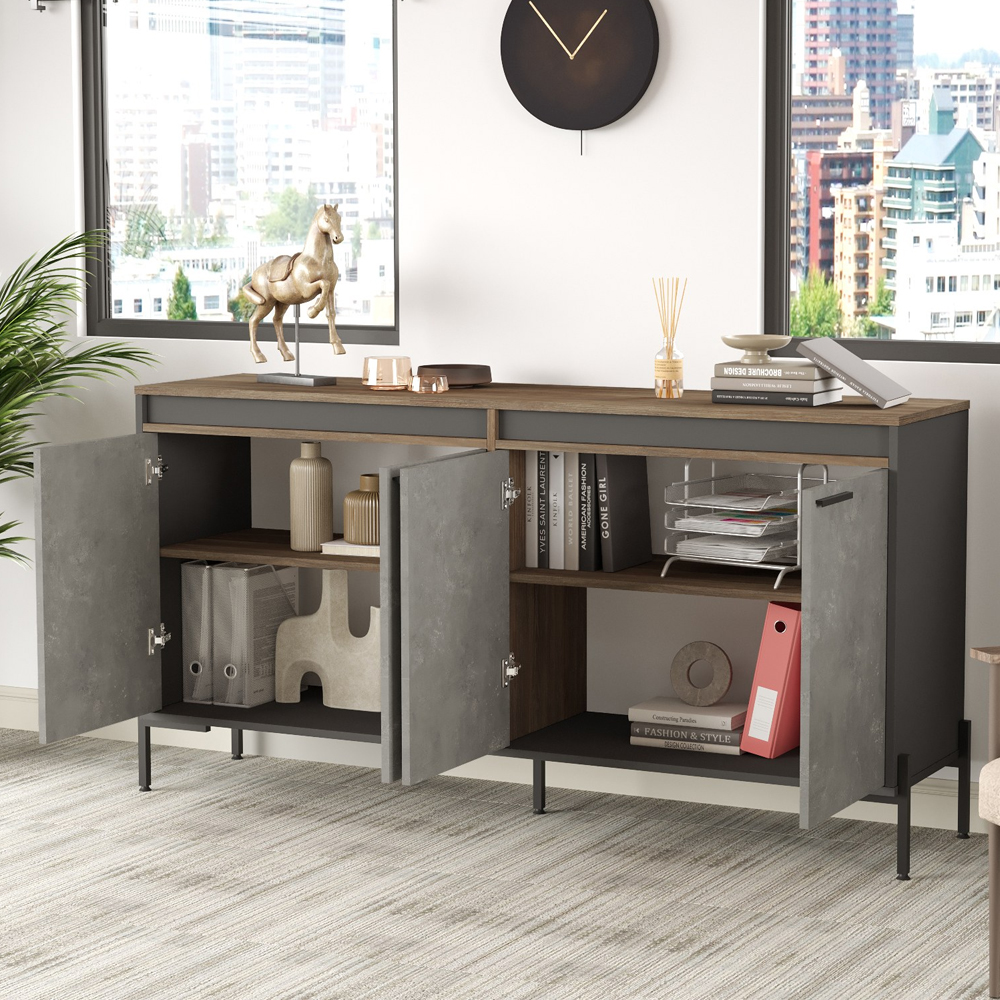 Windsor Wooden Executive Office Furniture Set with Bookcase in Brown Silver and Anthracite