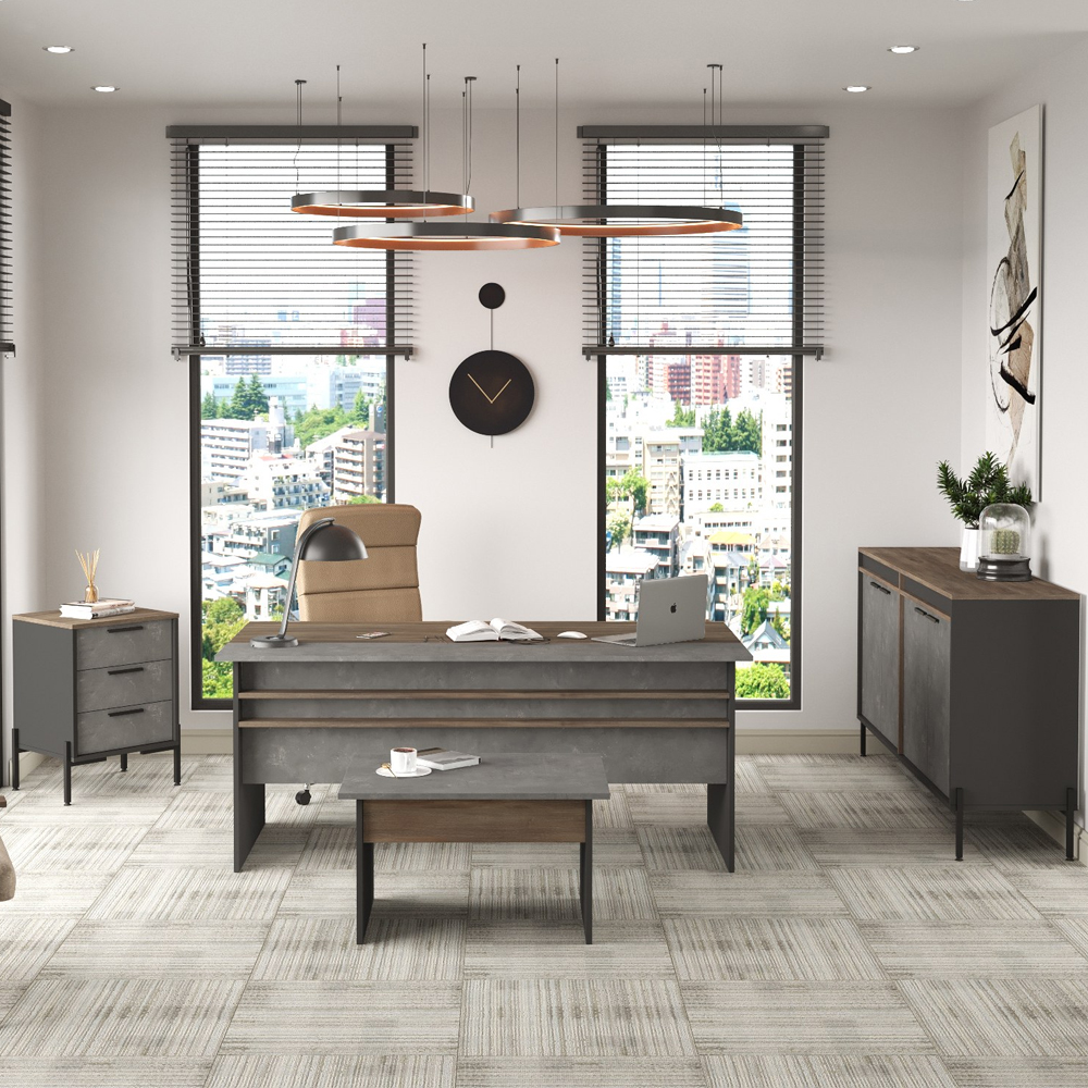 Windsor Wooden Executive Office Furniture Set and Sideboard in Brown Silver and Anthracite