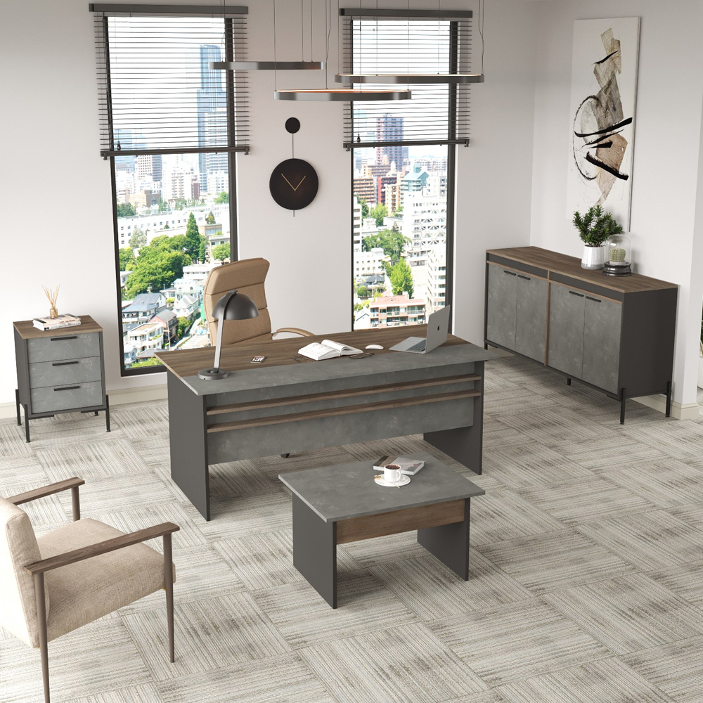 Windsor Wooden Executive Office Furniture Set and Sideboard in Brown Silver and Anthracite