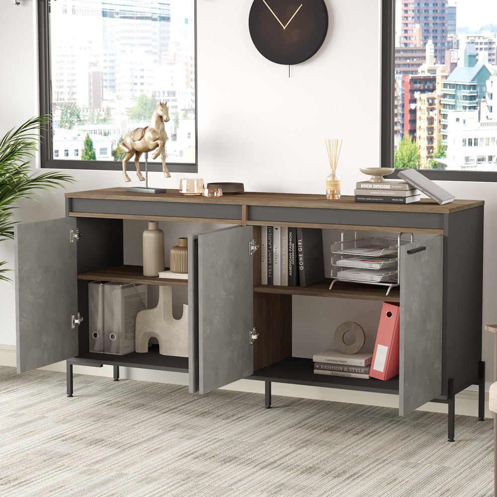 Windsor Wooden Executive Office Furniture Set and Sideboard in Brown Silver and Anthracite