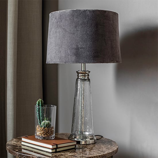Product photograph of Winslet Grey Velvet Shade Table Lamp In Clear Glass Base from Furniture in Fashion