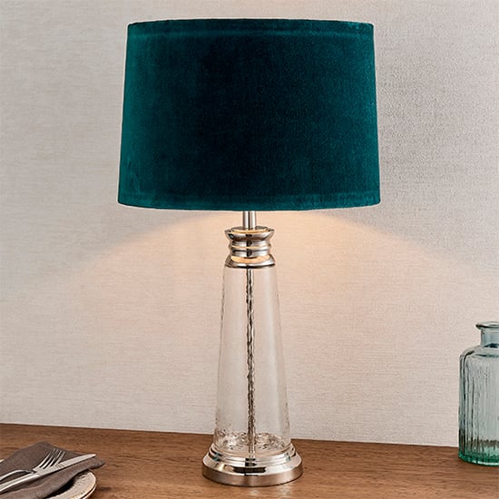 Photo of Winslet teal velvet shade table lamp in clear glass base