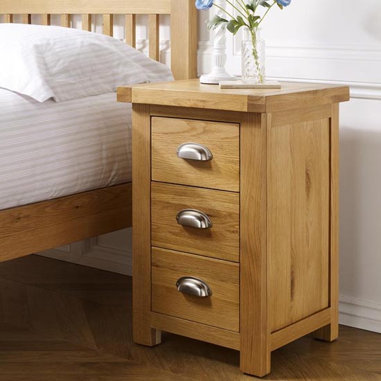 Woburn Wooden Large Bedside Cabinet In Oak With 3 Drawers