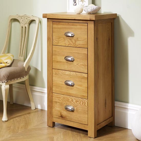Woburn Wooden Narrow Chest Of Drawers In Oak With 4 Drawers Furniture