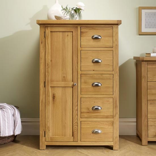 Photo of Woburn wooden wardrobe in oak with 1 door and 5 drawers