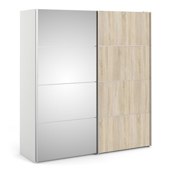 Read more about Wonk mirrored sliding doors wardrobe in white oak with 2 shelves