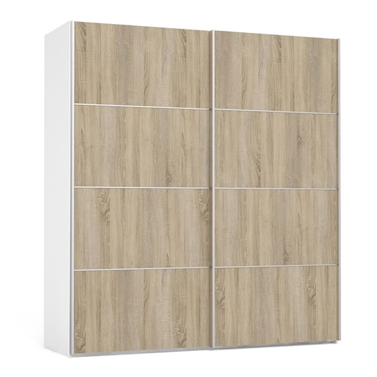 Read more about Wonk wooden sliding doors wardrobe in white oak with 2 shelves