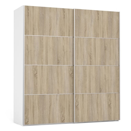 Photo of Wonk wooden sliding doors wardrobe in white oak with 5 shelves