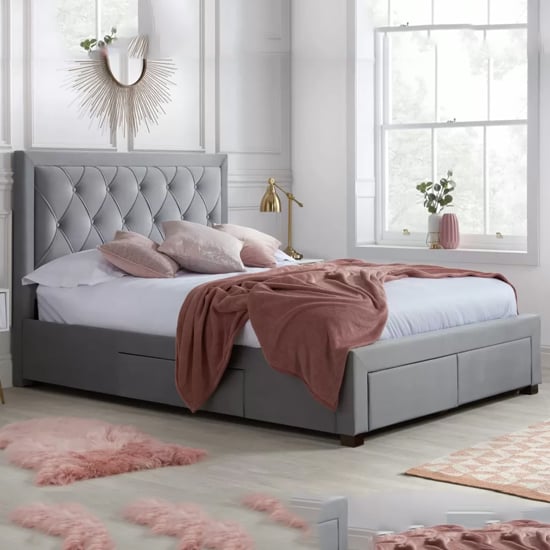 Woodberry Fabric Double Bed With 4 Drawers In Grey