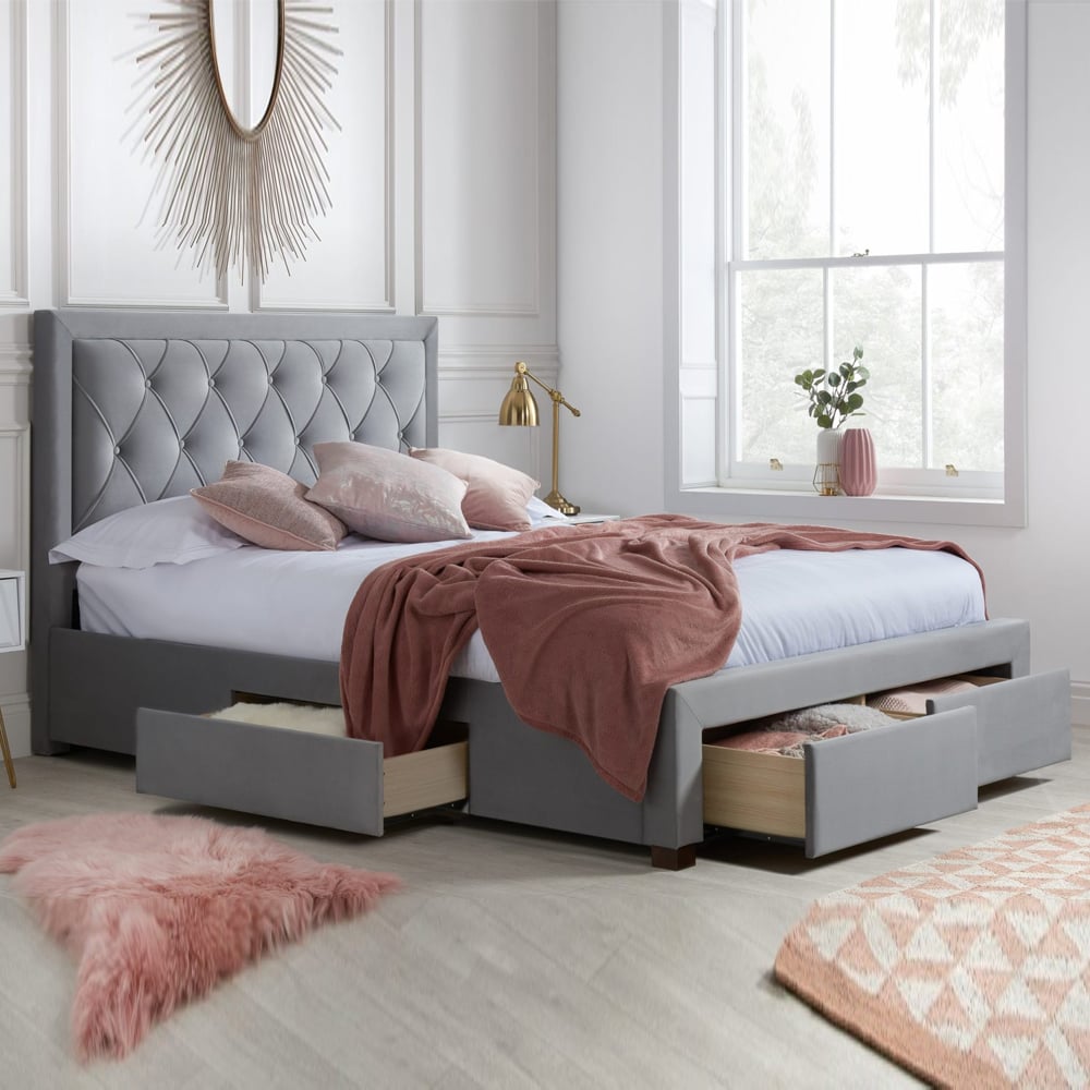 Woodberry Fabric Double Bed With 4 Drawers In Grey