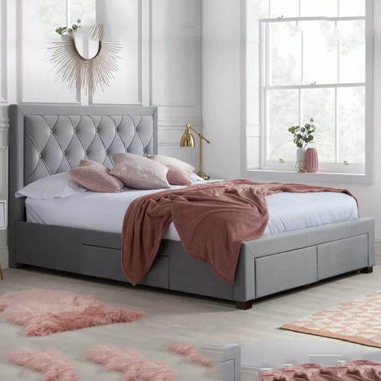 Product photograph of Woodberry Fabric King Size Bed With 4 Drawers In Grey from Furniture in Fashion