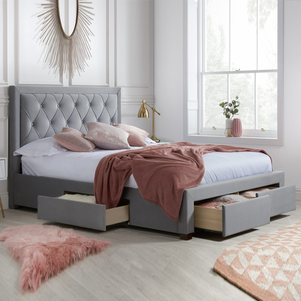 Woodberry Fabric Super King Size Bed With 4 Drawers In Grey