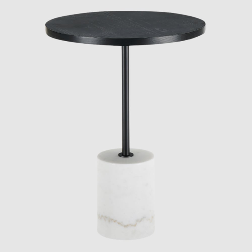 Bastrop Wooden Round Side Table With White Marble Base In Black