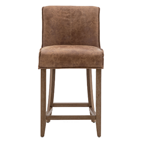 Worland Brown Leather Bar Chairs With Wooden Legs In Pair