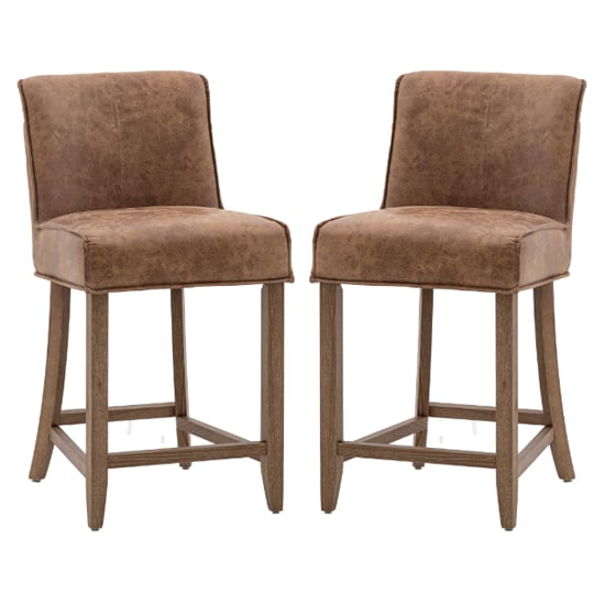 Photo of Worland brown leather bar chairs with wooden legs in pair