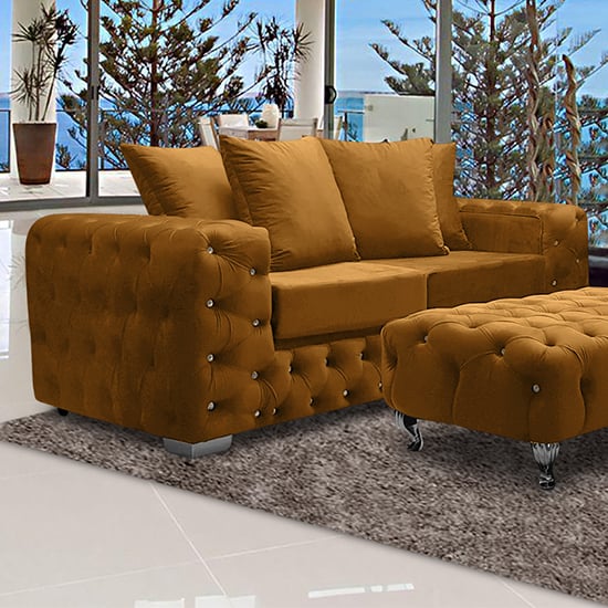 Worley Malta Plush Velour Fabirc 3 Seater Sofa In Gold
