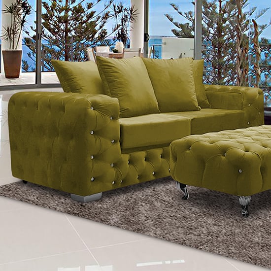 Worley Malta Plush Velour Fabirc 3 Seater Sofa In Grass