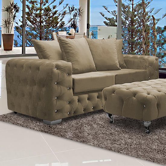 Product photograph of Worley Malta Plush Velour Fabirc 3 Seater Sofa In Parchment from Furniture in Fashion