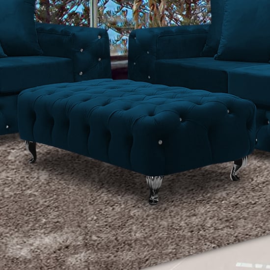 Product photograph of Worley Malta Plush Velour Fabirc Footstool In Peacock from Furniture in Fashion