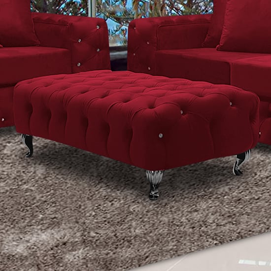 Worley Malta Plush Velour Fabirc Footstool In Red