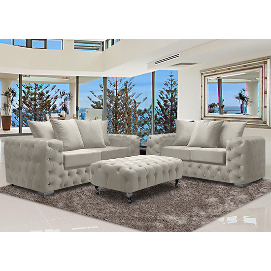 Worley Velour Fabric 2 Seater And 3 Seater Sofa In Cream