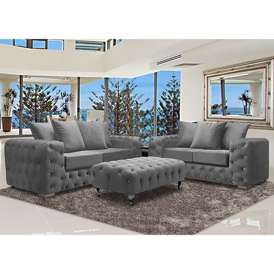 Photo of Worley velour fabric 2 seater and 3 seater sofa in grey