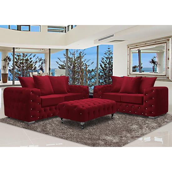 Worley Velour Fabric 2 Seater And 3 Seater Sofa In Red