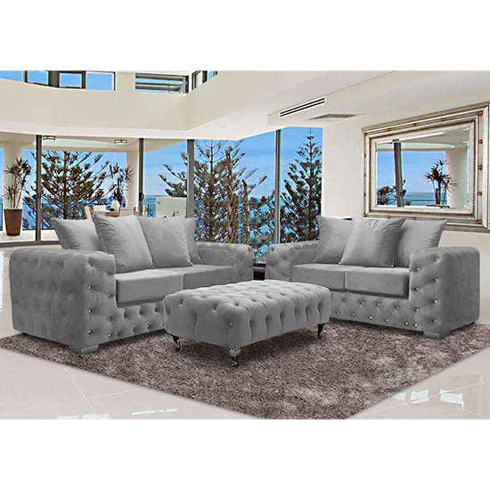 Worley Velour Fabric 2 Seater And 3 Seater Sofa In Silver