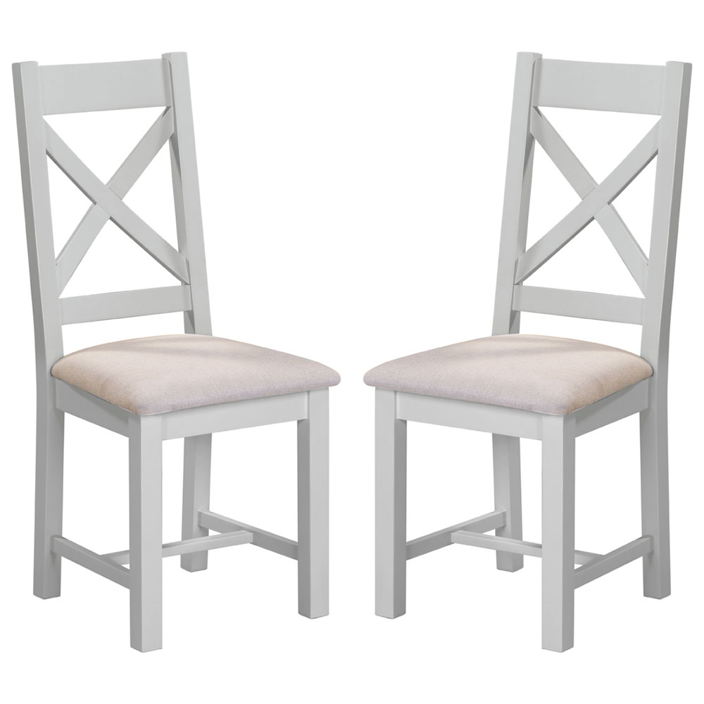 Wrenley Pebble Grey Wooden Dining Chairs with Oat Fabric Seat in Pair