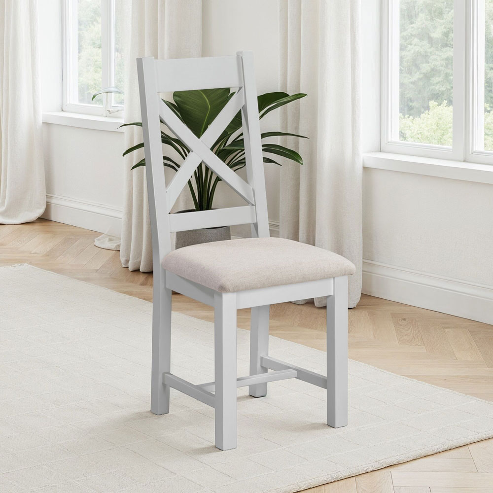 Wrenley Pebble Grey Wooden Dining Chairs with Oat Fabric Seat in Pair