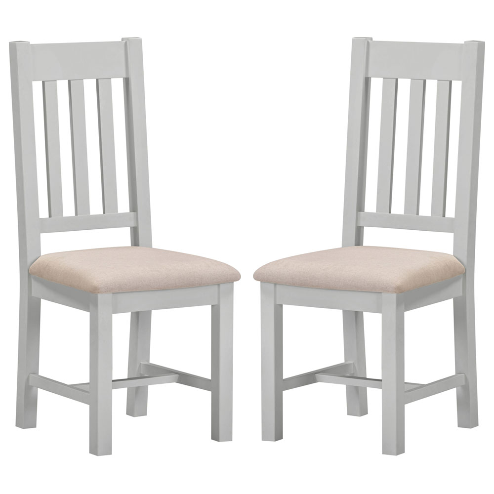 Wrenley Pebble Grey Wooden Slatted Dining Chairs with Oat Fabric Seat in Pair