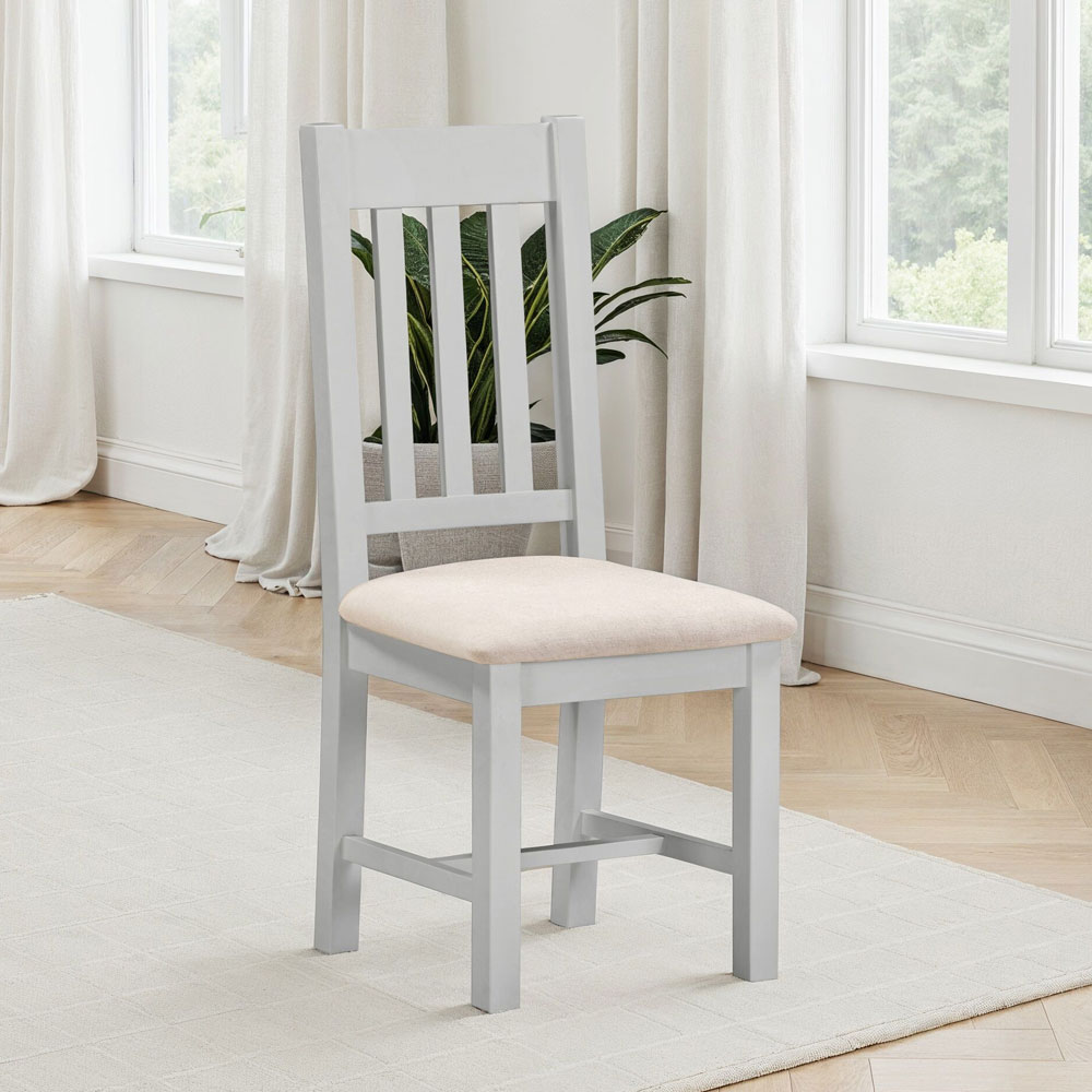 Wrenley Pebble Grey Wooden Slatted Dining Chairs with Oat Fabric Seat in Pair