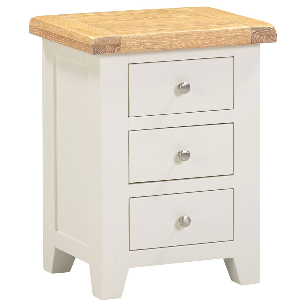 Wrenley Wooden Bedside Cabinet with 3 Drawers in Ivory and Oak