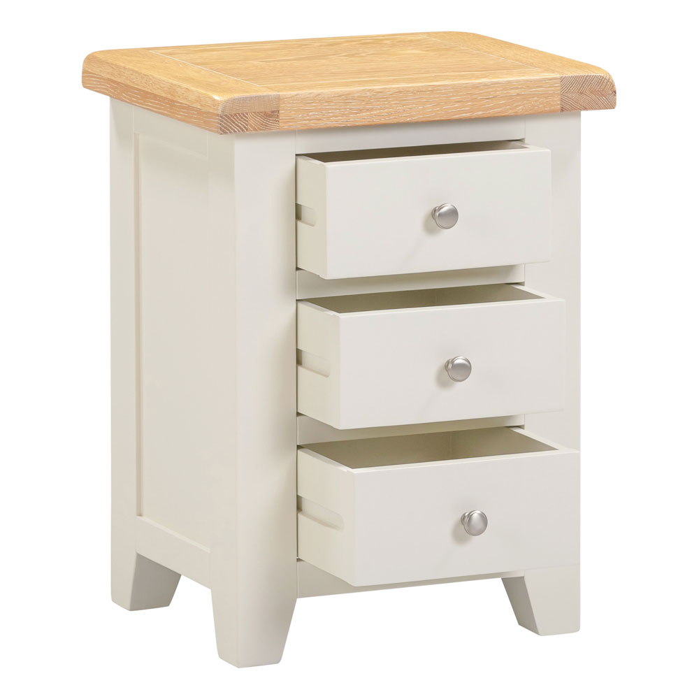 Wrenley Wooden Bedside Cabinet with 3 Drawers in Ivory and Oak
