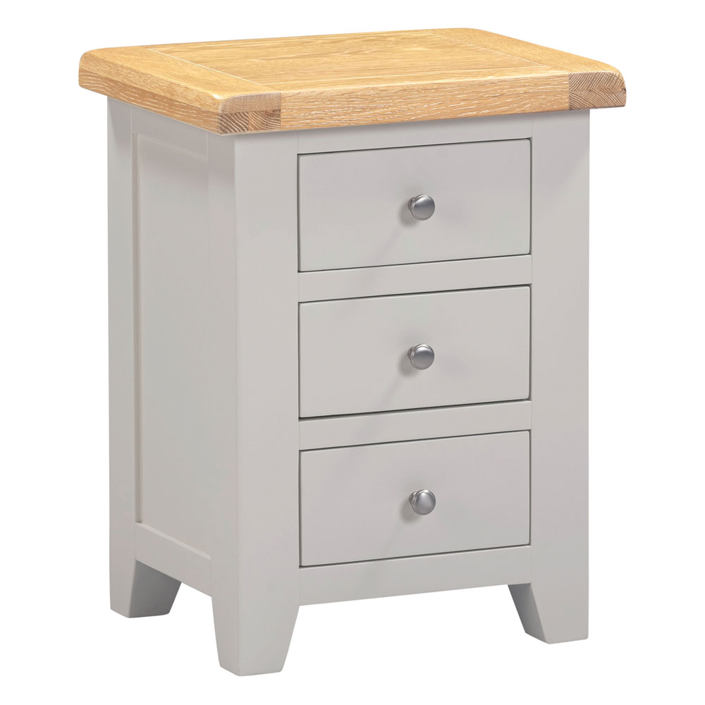Wrenley Wooden Bedside Cabinet with 3 Drawers in Pebble Grey and Oak