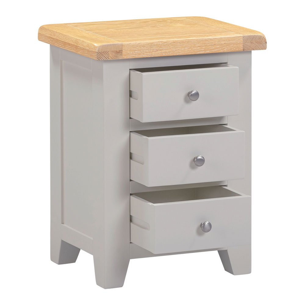 Wrenley Wooden Bedside Cabinet with 3 Drawers in Pebble Grey and Oak