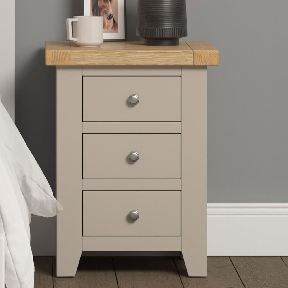 Wrenley Wooden Bedside Cabinet with 3 Drawers in Putty and Oak