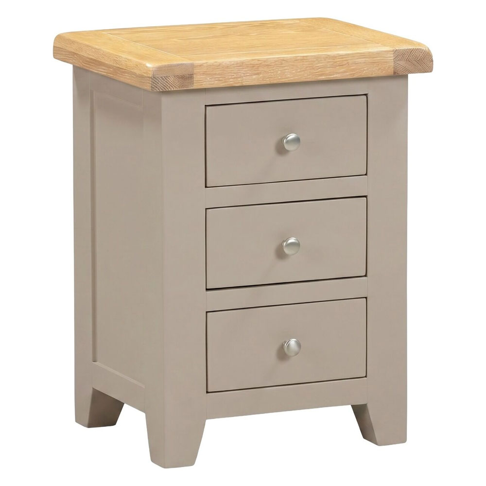 Wrenley Wooden Bedside Cabinet with 3 Drawers in Putty and Oak