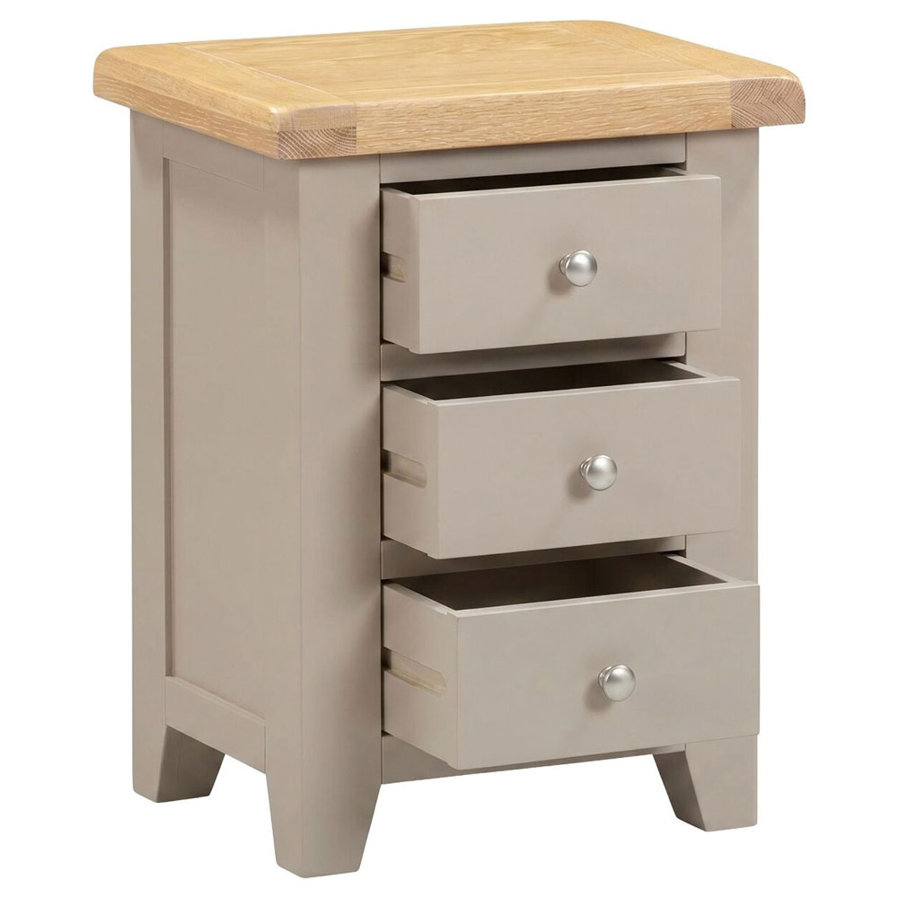 Wrenley Wooden Bedside Cabinet with 3 Drawers in Putty and Oak