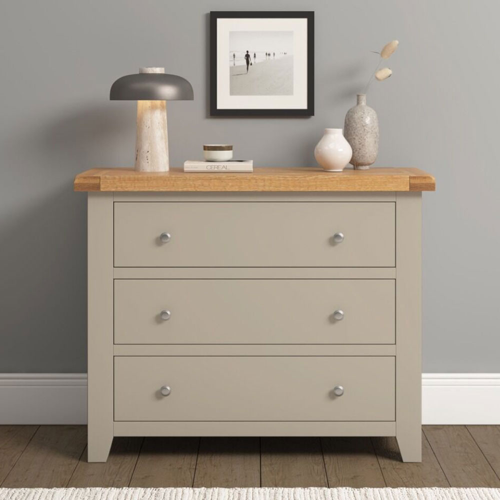 Wrenley Wooden Chest Of 3 Drawers in Putty and Oak