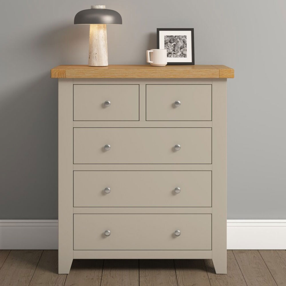 Wrenley Wooden Chest Of 5 Drawers in Putty and Oak