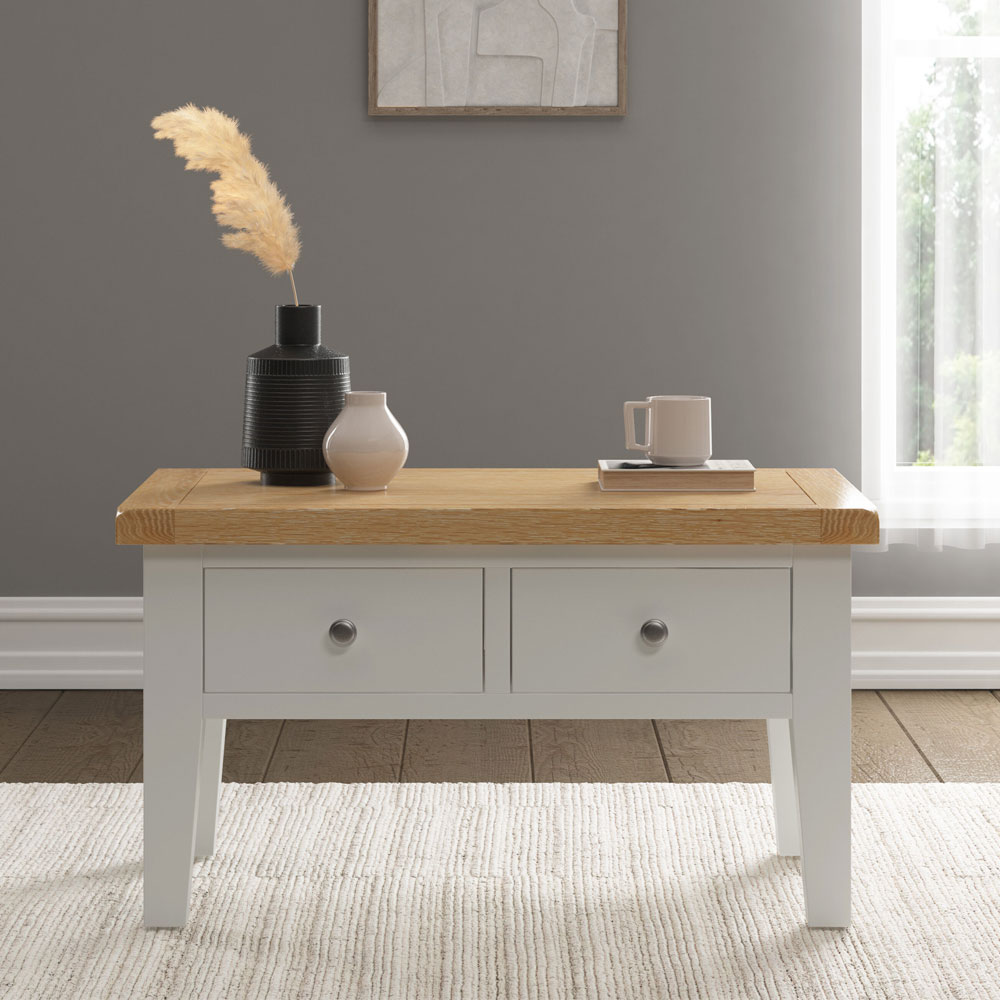 Wrenley Wooden Coffee Table with 2 Drawers in Ivory and Oak