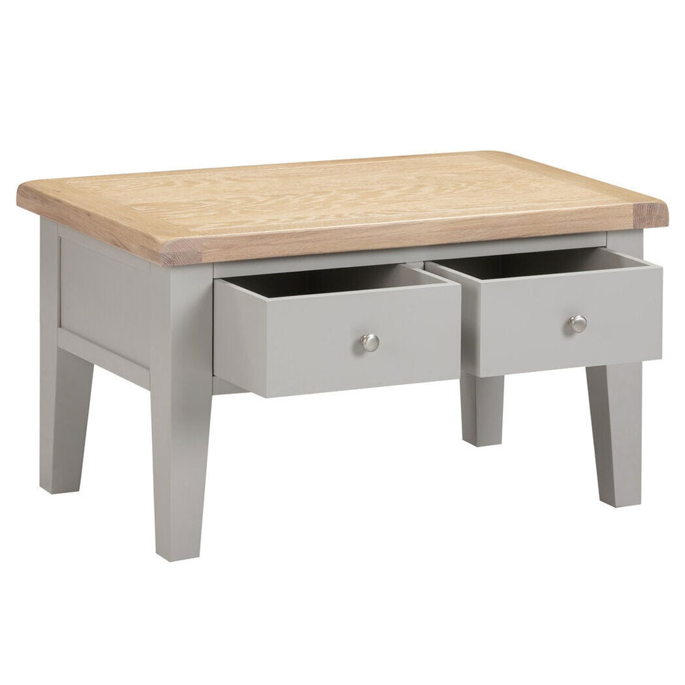 Wrenley Wooden Coffee Table with 2 Drawers in Pebble Grey and Oak